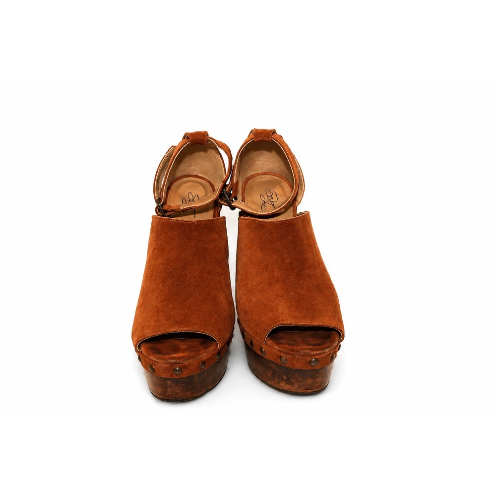Sole Child Rose Suede Platform Sandals Womens 6.5 Brown Studded Wood Block Heel - Picture 3 of 5
